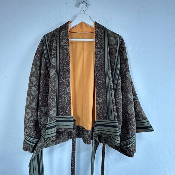 Japanese Kimono Jacket Womens Brown Green Floral Stripe Pattern Boho Lightweight - Picture 1 of 7